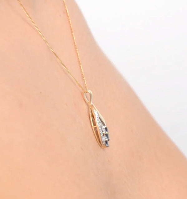 Sapphire 4 x 2mm And Diamond 9K Yellow Gold Pendant Necklace